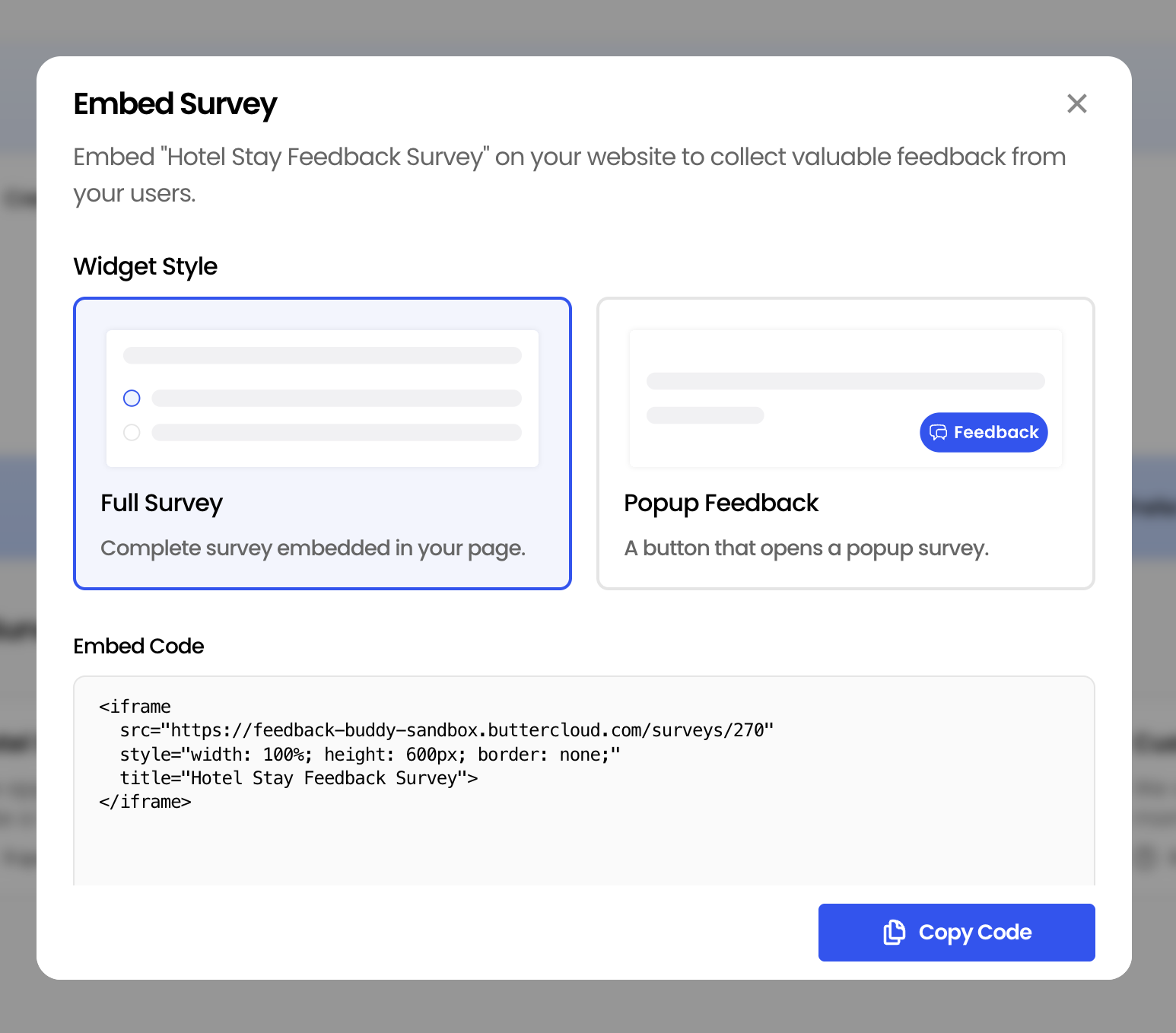 Embed Survey modal displaying options for Inline Form, Popup Modal, and Feedback Button.
