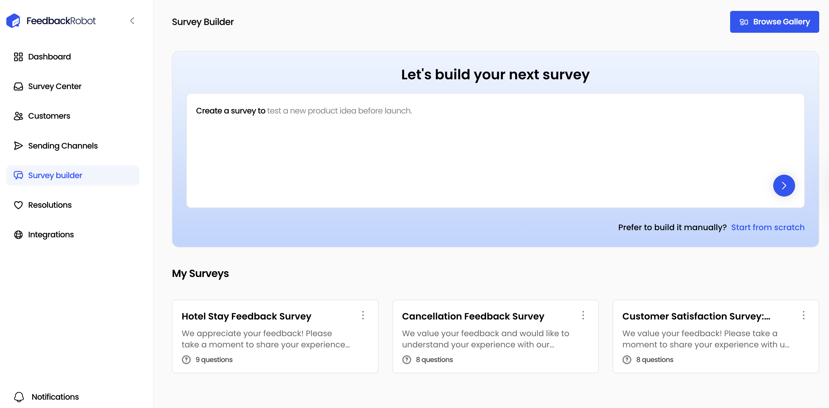 Survey Builder > Browse Gallery view showing a grid of saved templates with action menus.