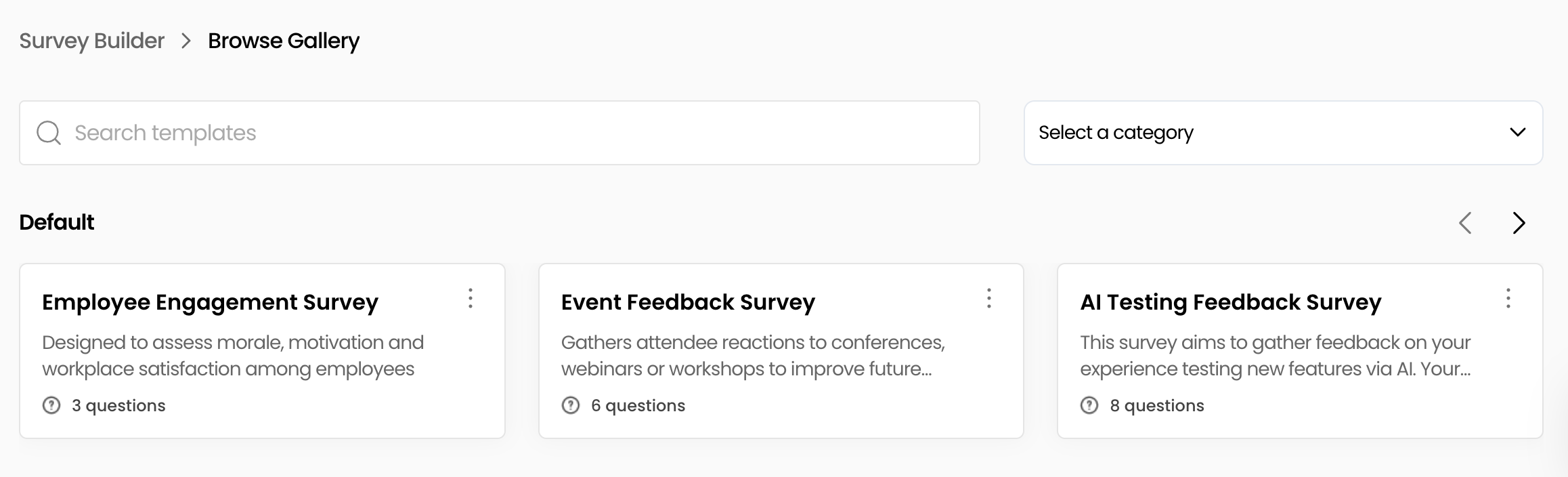Browse Gallery showing search field, category filters dropdown, and sort options above template thumbnails.