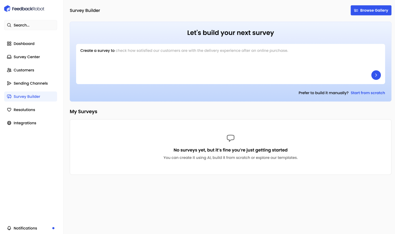 FeedbackRobot Survey Builder main screen with ‘Browse Gallery’ button
