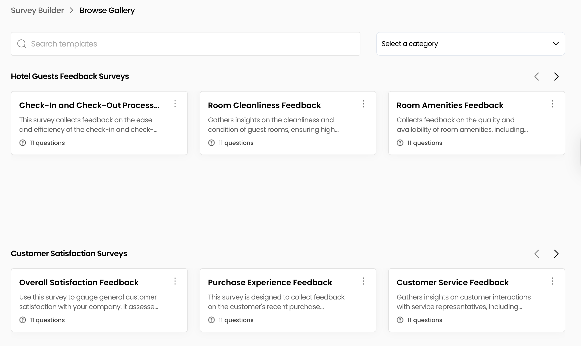 FeedbackRobot template gallery showing different survey categories