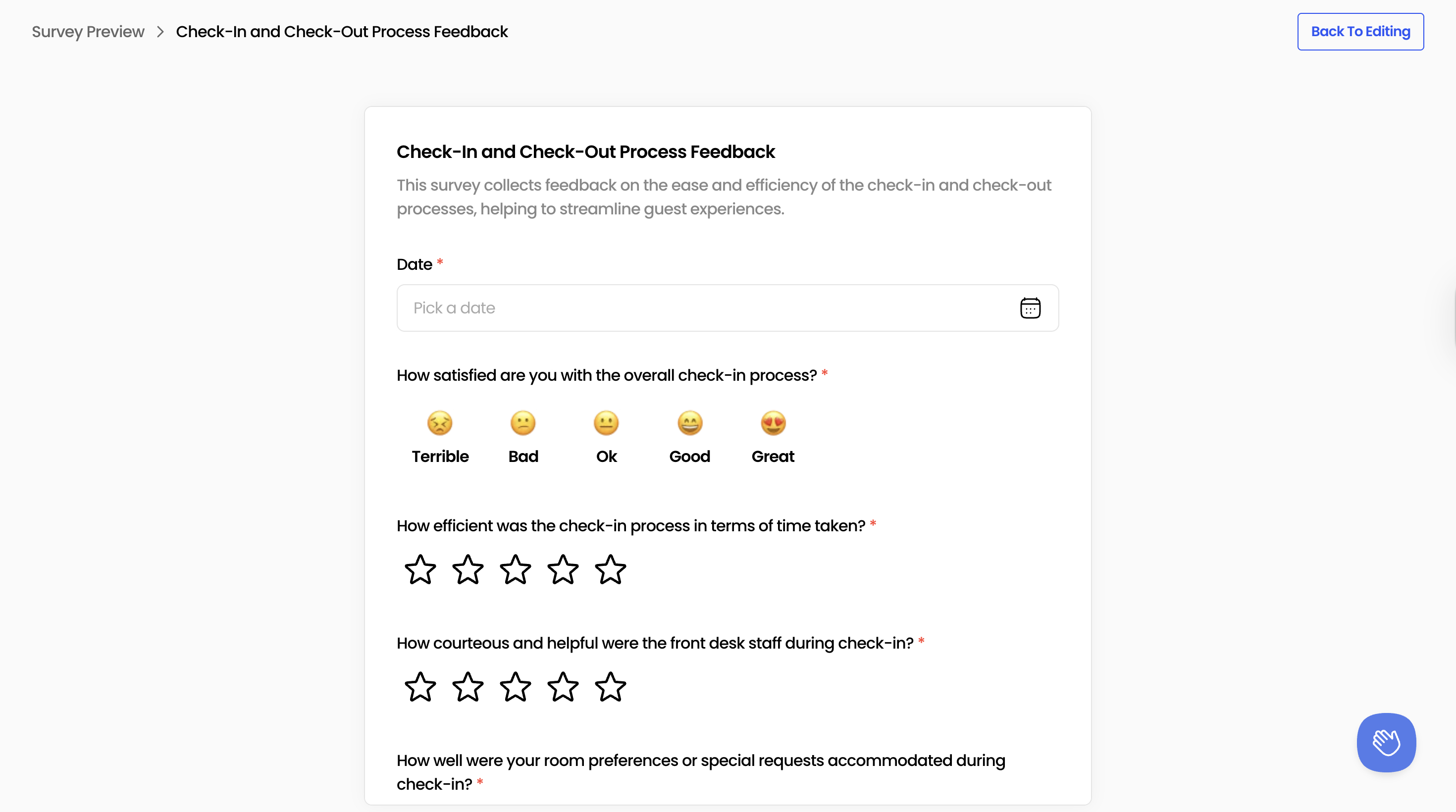 Preview modal for ‘Check-In and Check-Out Process Feedback’ with ‘Use Survey Template’ button