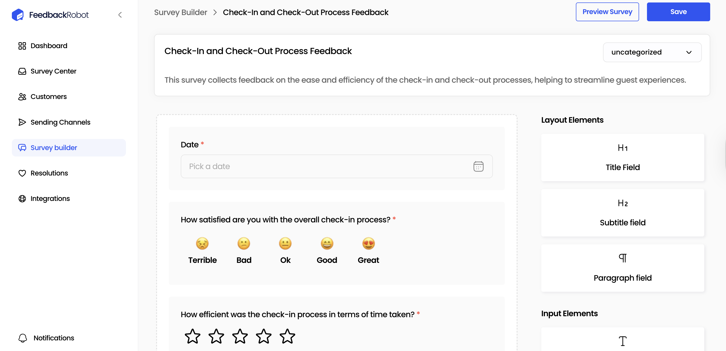 Survey Builder editing screen with questions list and layout/input elements