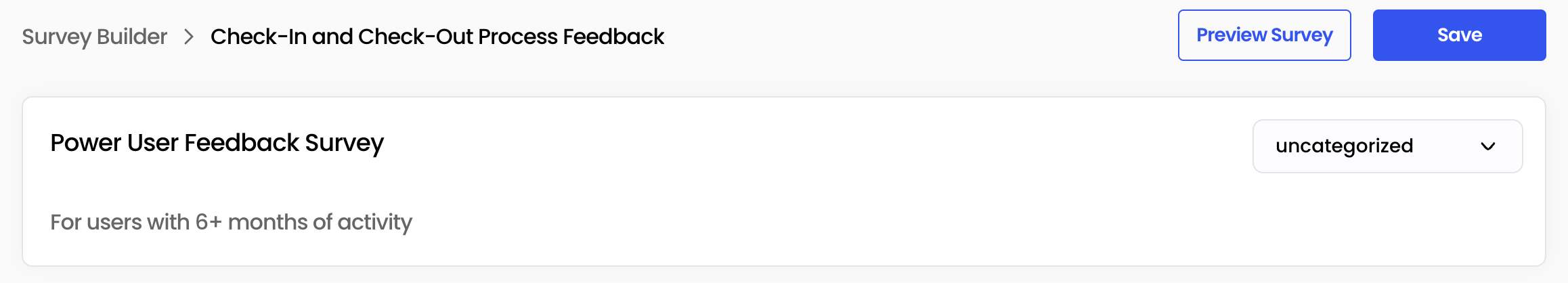 Survey Builder showing title and description fields with sample group mention