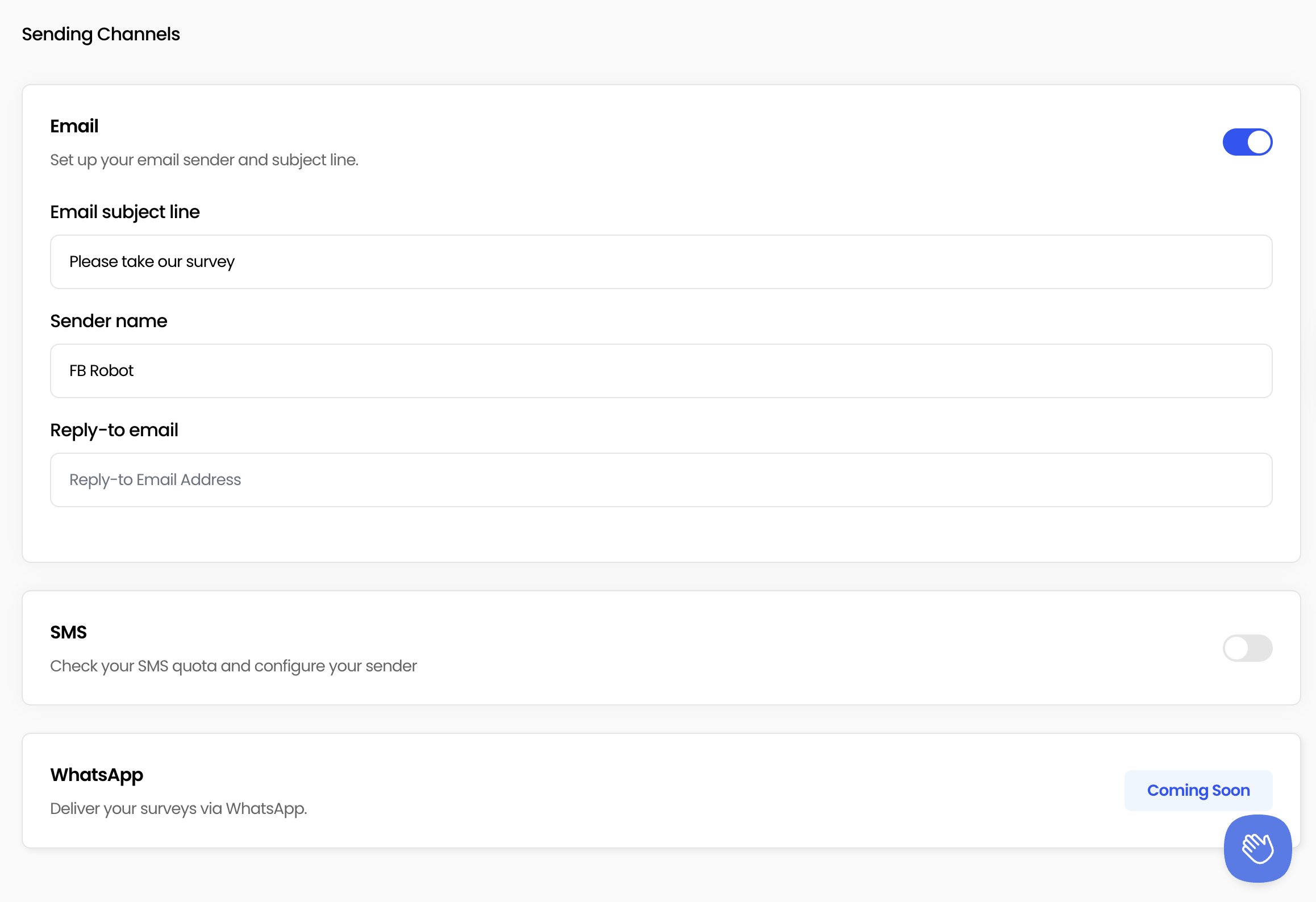 Distribution modal showing toggles for Email, SMS, and WhatsApp channels