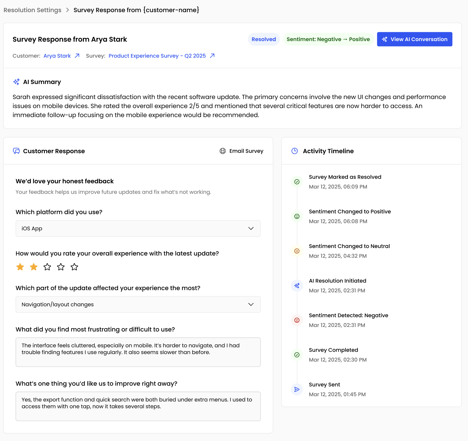 AI Summary card showing sentiment overview and key feedback highlights