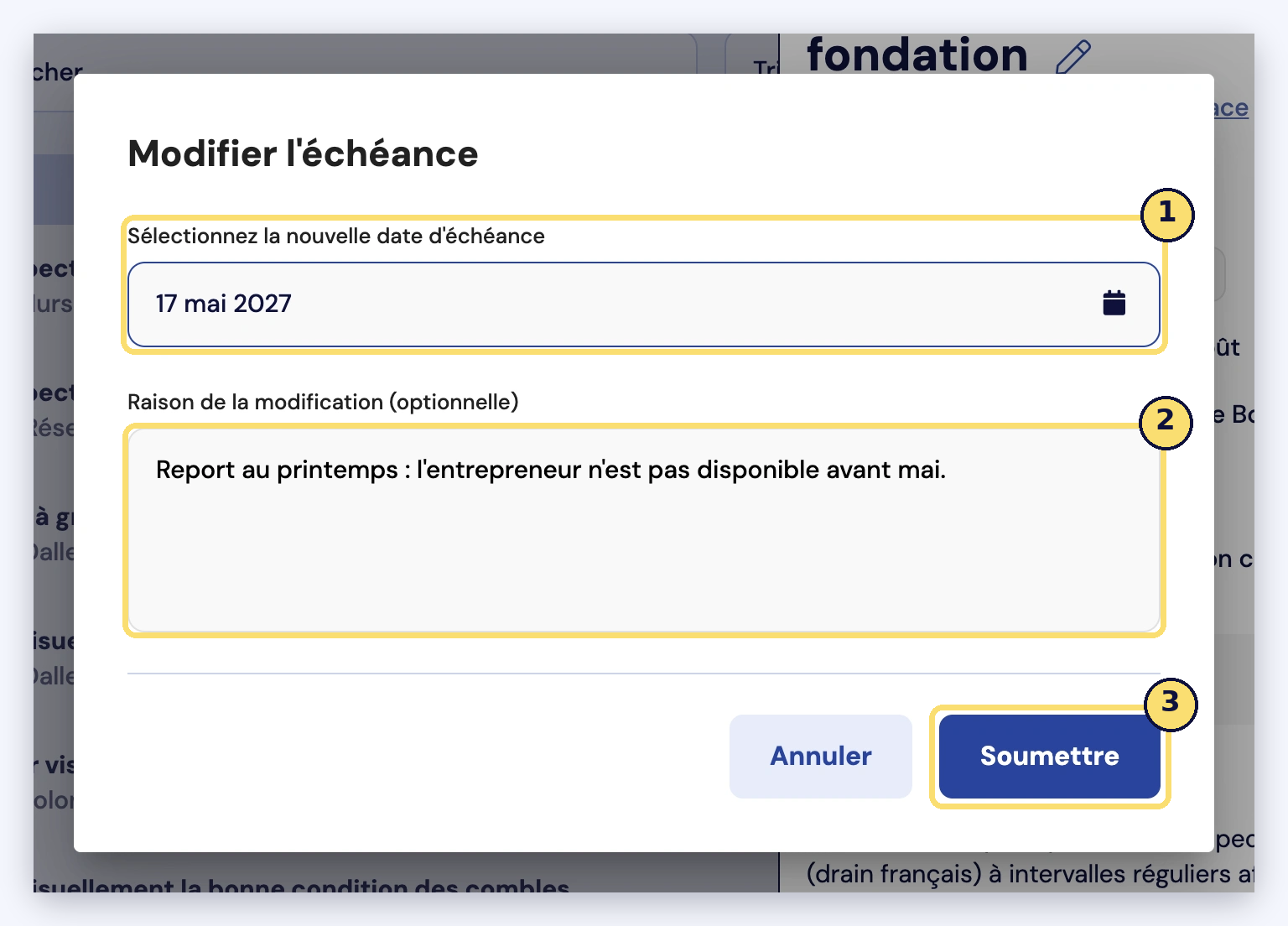 Capture de la fenêtre Modifier l'échéance : nouvelle date (1), raison de la modification (2), bouton Soumettre (3).