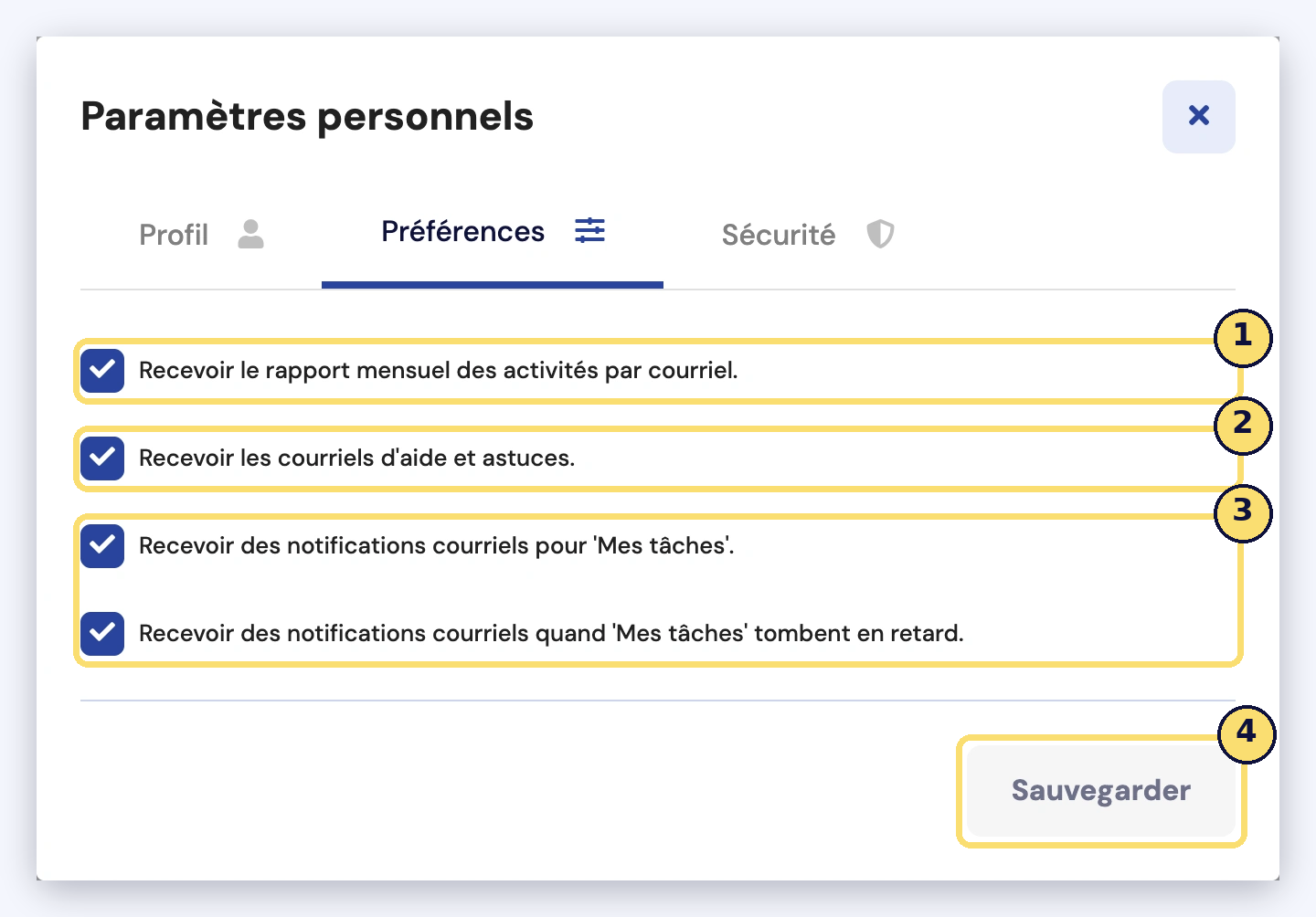 Capture de l'onglet Préférences des paramètres personnels, avec les cases des notifications par courriel, dont les notifications de retard.