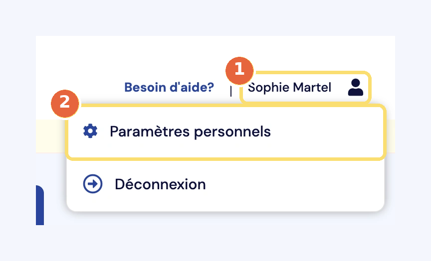 Capture du menu de l'utilisateur, en haut à droite : le nom de l'utilisateur (1) et le choix Paramètres personnels (2). Nom fictif.