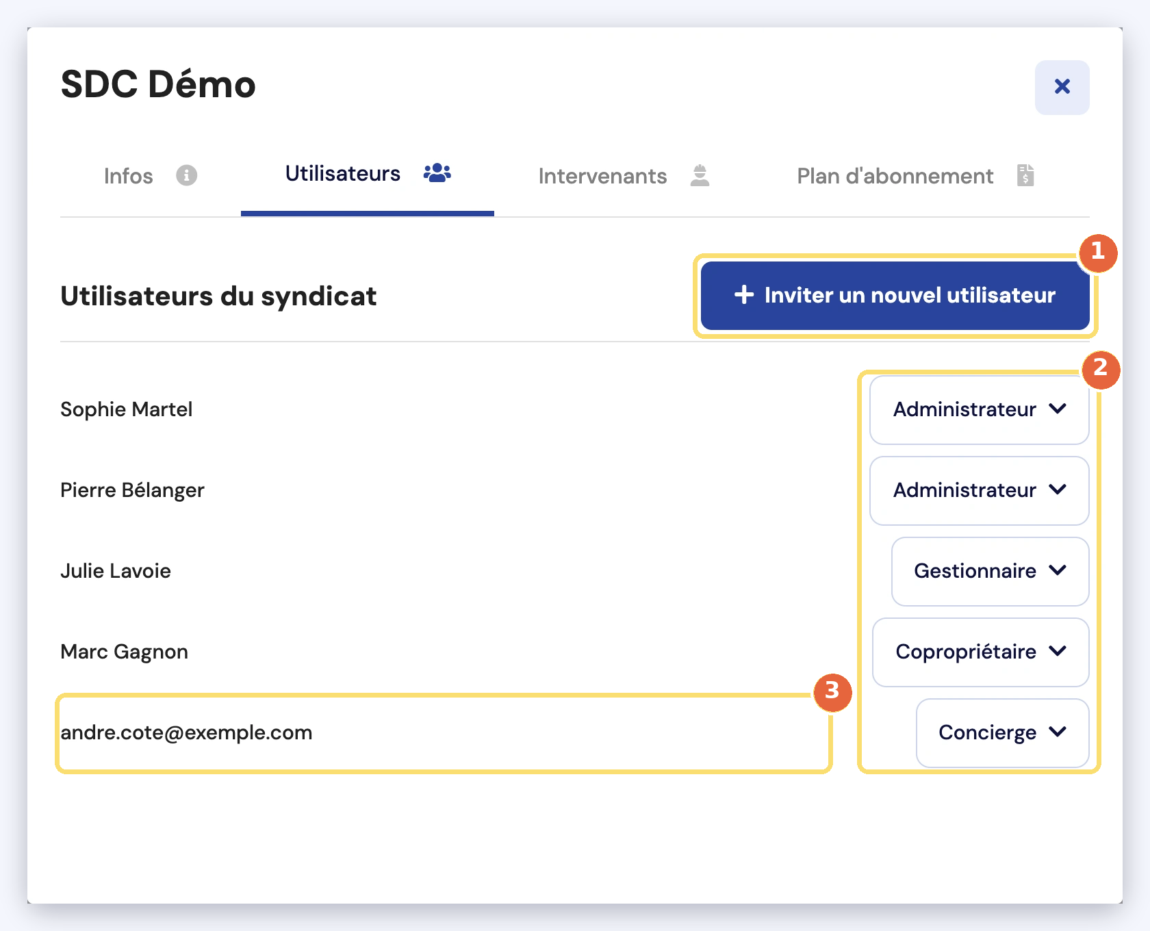 Capture de l'onglet Utilisateurs : le bouton Inviter un nouvel utilisateur (1), la liste des utilisateurs avec le rôle de chacun (2) et une personne invitée qui n'a pas encore créé son compte, affichée par son courriel (3).