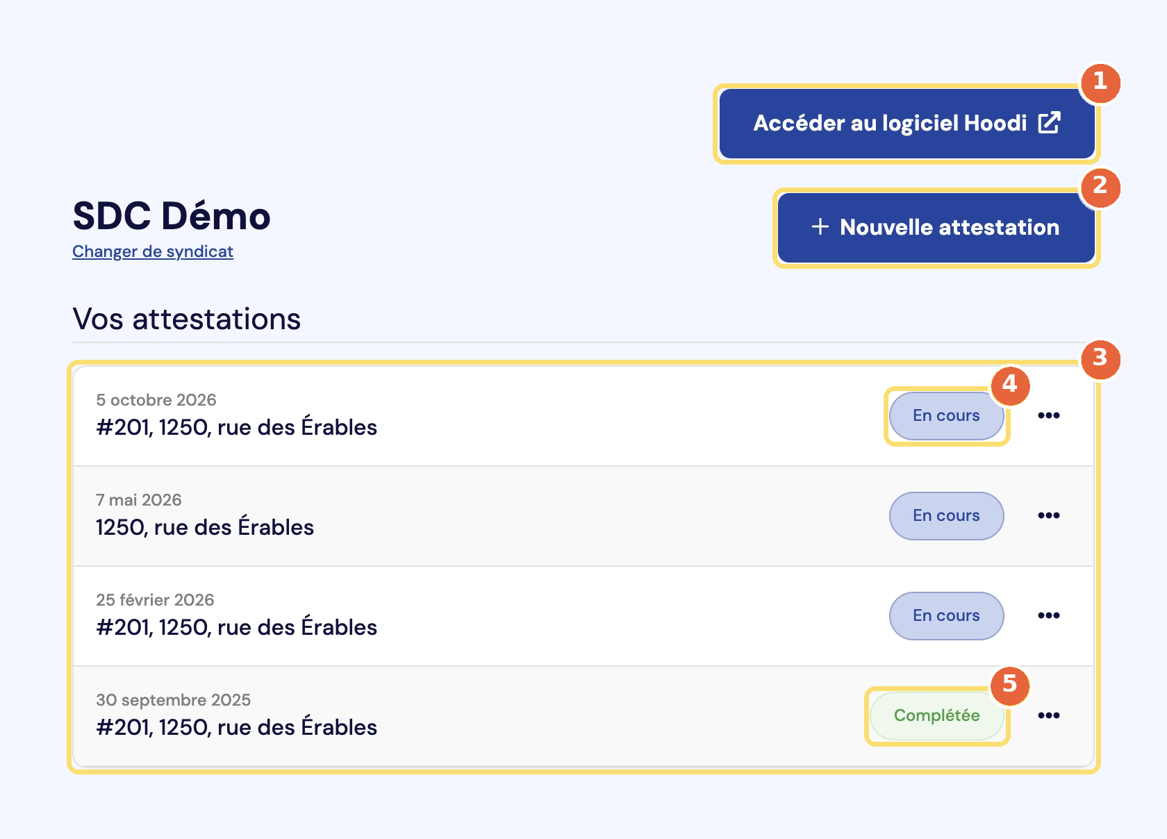 Capture de la liste des attestations dans Attestation Condo : Accéder au logiciel Hoodi (1), Nouvelle attestation (2), la liste Vos attestations (3), le statut En cours (4) et le statut Complétée (5). Adresse fictive.