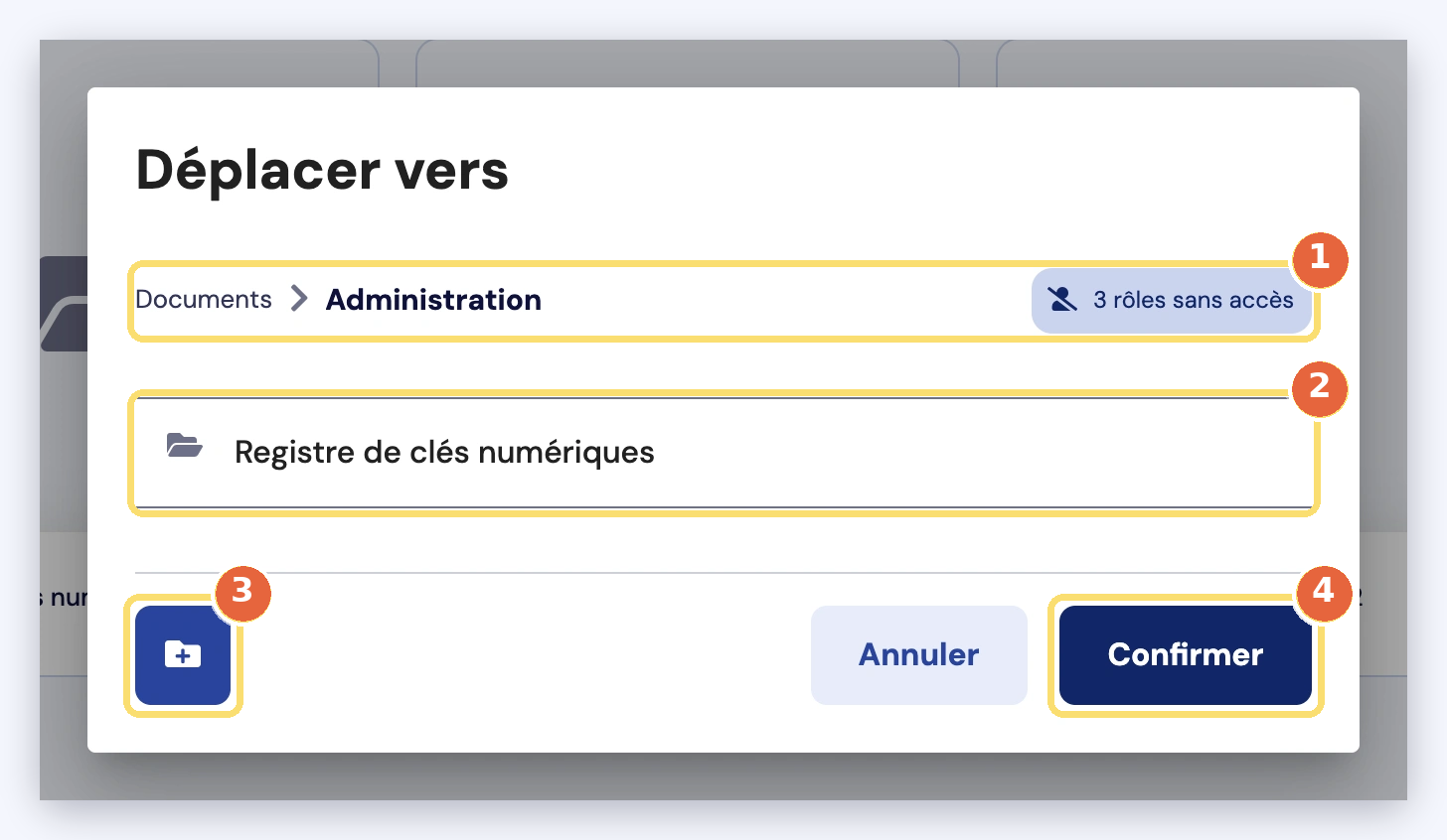 Capture de la fenêtre Déplacer vers : fil d'Ariane de l'emplacement (1), dossier de destination (2), bouton pour créer un dossier (3), bouton Confirmer (4).