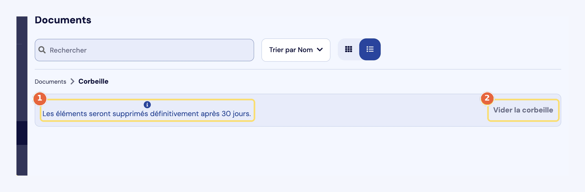 Capture de la corbeille : le message sur la suppression définitive après 30 jours (1) et le bouton Vider la corbeille (2).