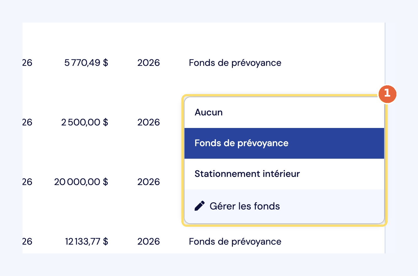 Capture de la liste du fonds associé ouverte sur une ligne de travaux (1) : Aucun, Fonds de prévoyance, un autre fonds du syndicat et Gérer les fonds.