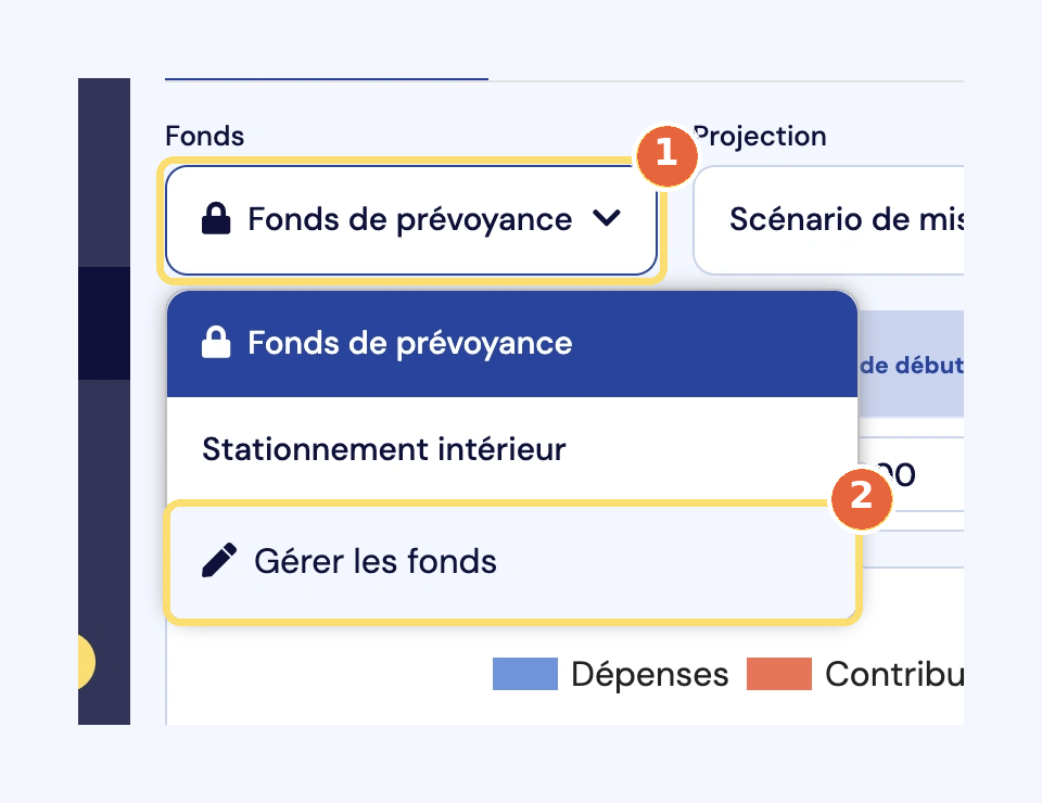Capture du sélecteur de fonds (1) ouvert sur la liste des fonds, avec le choix Gérer les fonds (2).