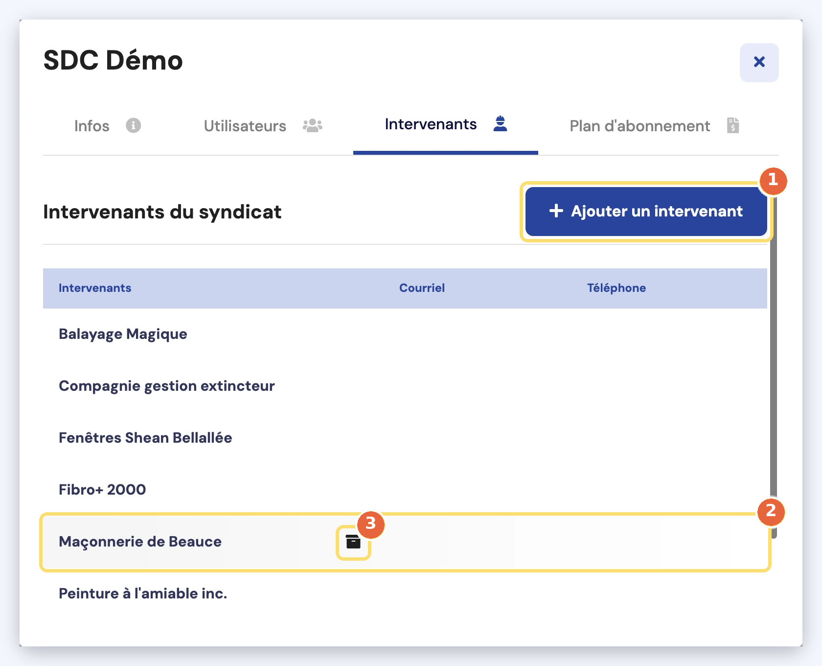 Capture de l'onglet Intervenants : le bouton Ajouter un intervenant (1), un intervenant de la liste, qui s'ouvre d'un clic (2), et l'icône Archiver qui apparaît au survol (3).