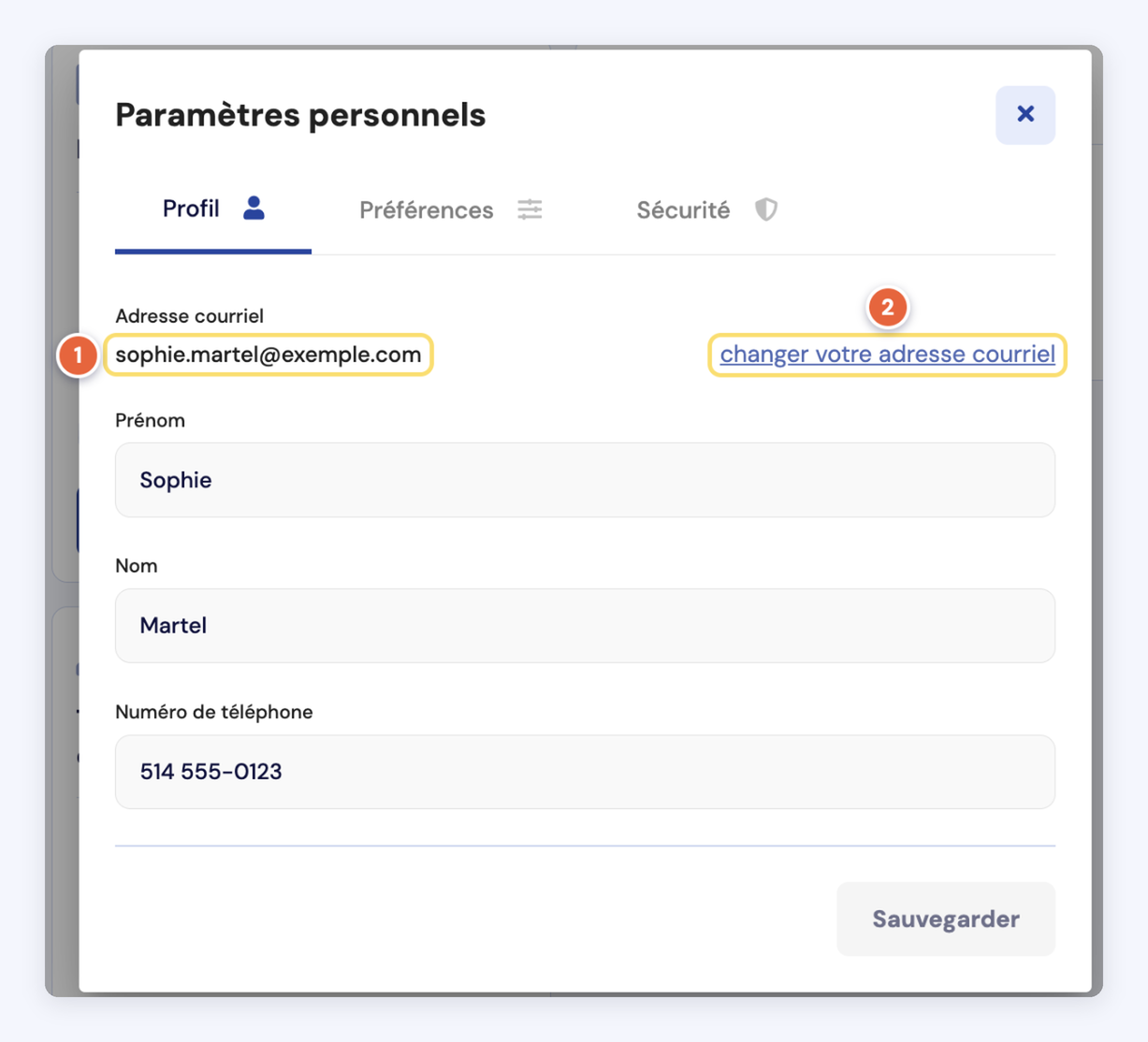 Capture de la fenêtre Paramètres personnels, onglet Profil : l'adresse courriel actuelle (1) et le lien « changer votre adresse courriel » (2). Données fictives.