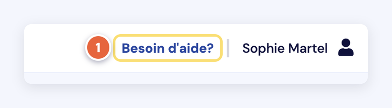 Capture de l'en-tête du logiciel : le bouton Besoin d'aide (1), qui ouvre l'aide sans quitter la page.