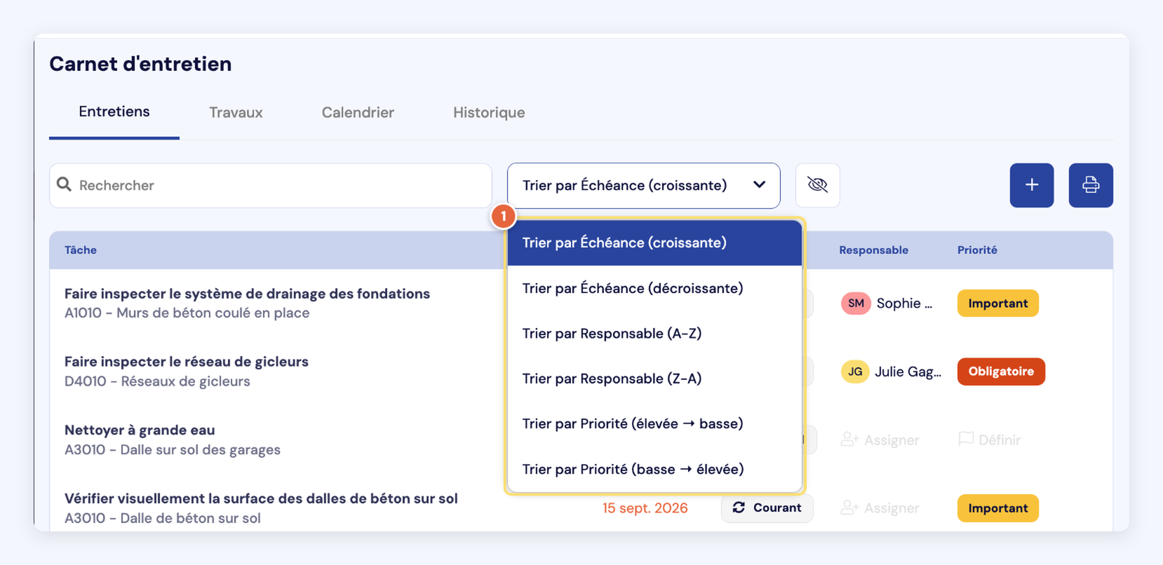 Capture de la liste de tri : échéance croissante ou décroissante, responsable A-Z ou Z-A, priorité élevée vers basse ou basse vers élevée.