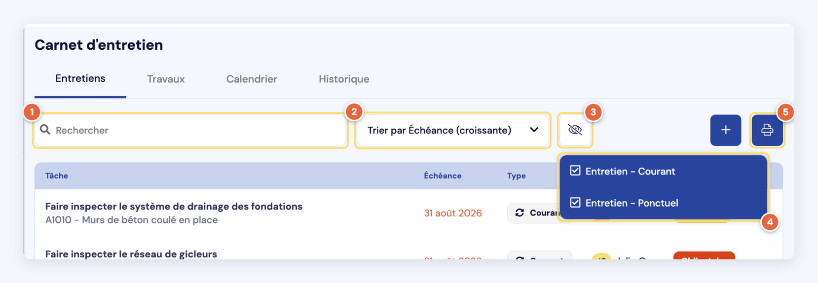 Capture des outils d'une liste : recherche (1), tri (2), filtre à l'œil barré (3) et ses options Entretien - Courant et Entretien - Ponctuel (4), impression (5).