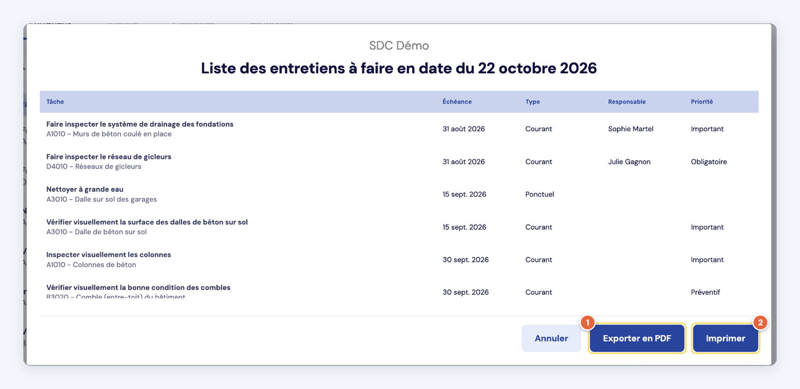 Capture de l'aperçu avant impression de la liste des entretiens à faire : boutons Exporter en PDF (1) et Imprimer (2).