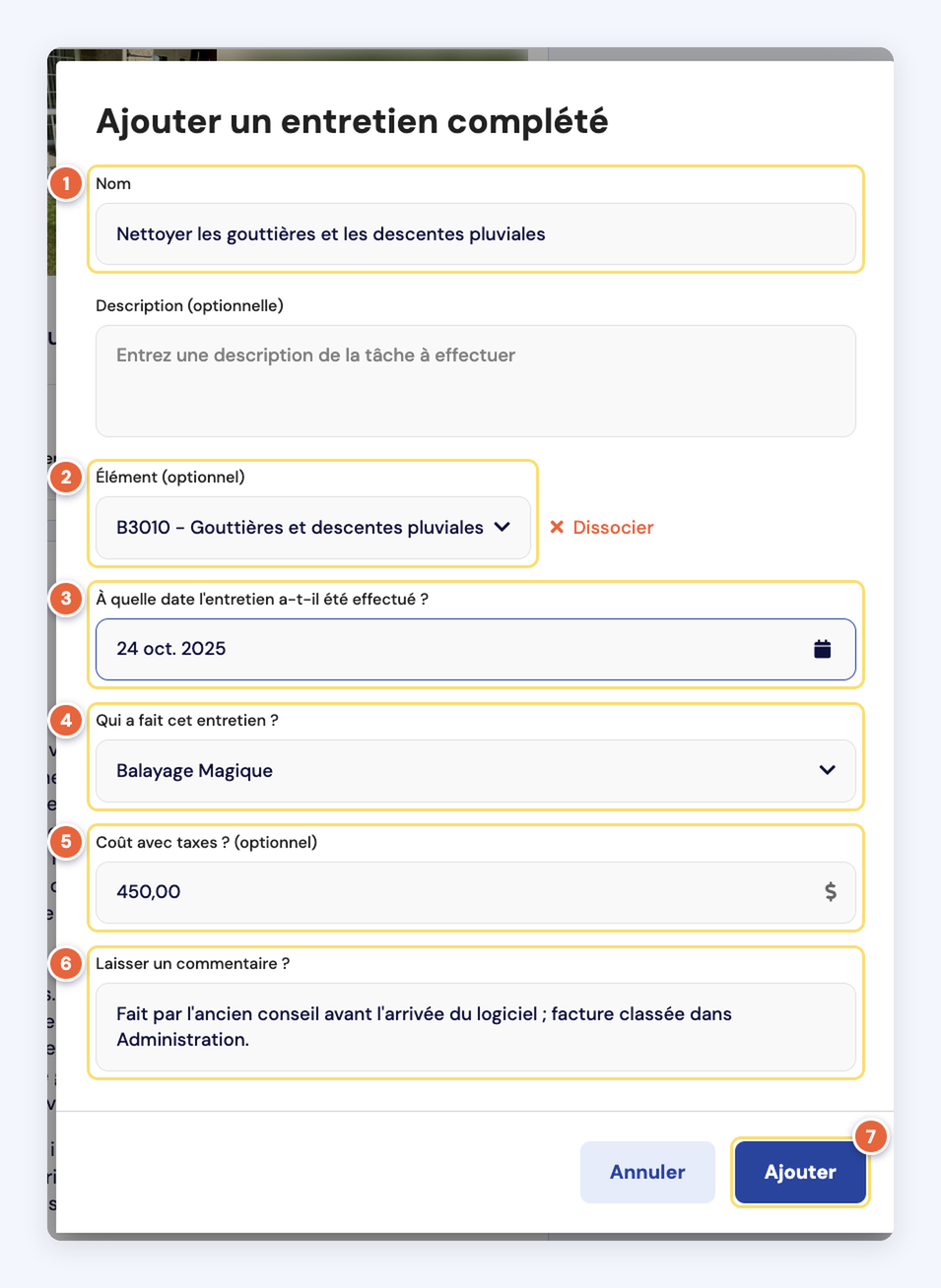 Capture de la fenêtre Ajouter un entretien complété, remplie avec l'exemple des gouttières : nom (1), élément (2), date (3), qui a fait l'entretien (4), coût (5), commentaire (6), bouton Ajouter (7).