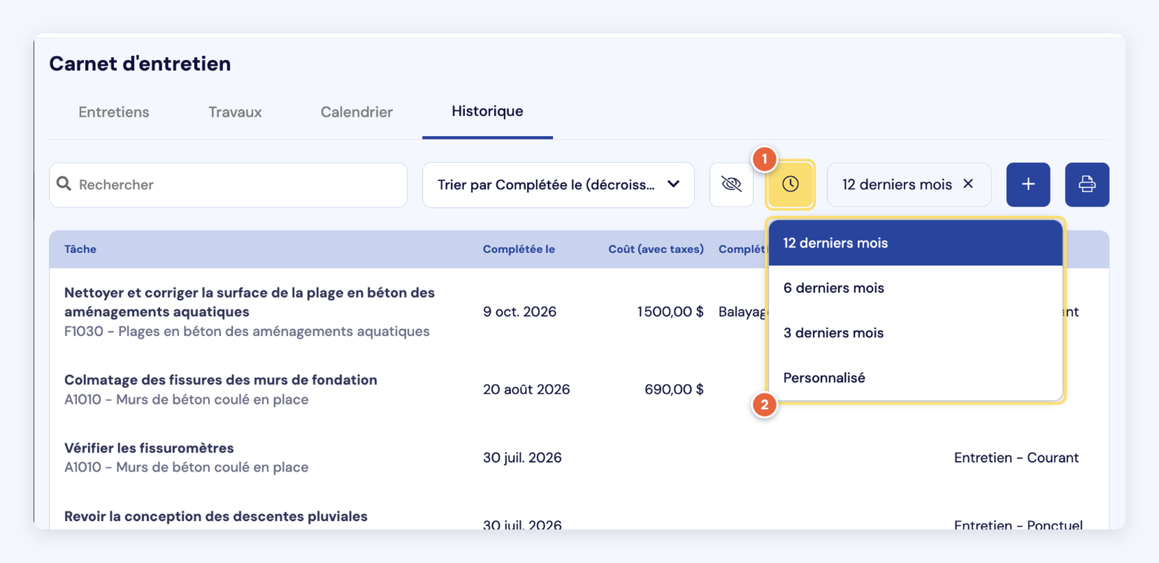 Capture du filtre de période (1) et de ses choix : 12, 6 ou 3 derniers mois, Personnalisé (2).