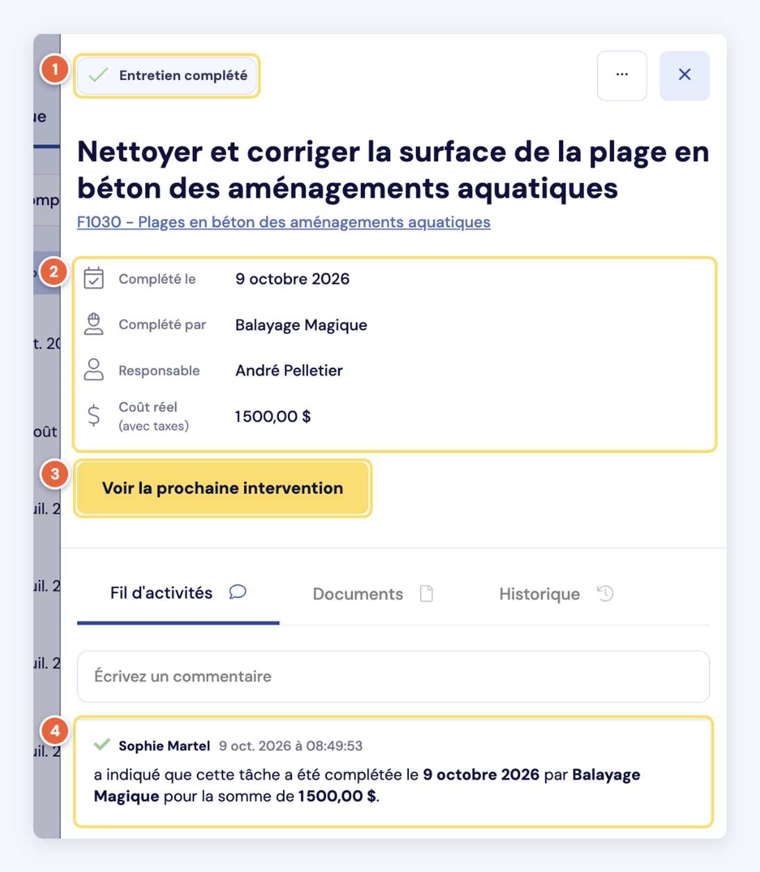 Capture du panneau d'une tâche complétée : badge Entretien complété (1), date, exécutant, responsable et coût réel (2), bouton Voir la prochaine intervention (3), mention dans le fil d'activités (4).