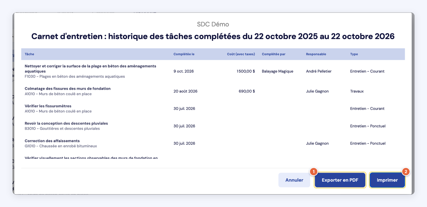 Capture de l'aperçu avant impression de l'historique des tâches complétées : boutons Exporter en PDF (1) et Imprimer (2).