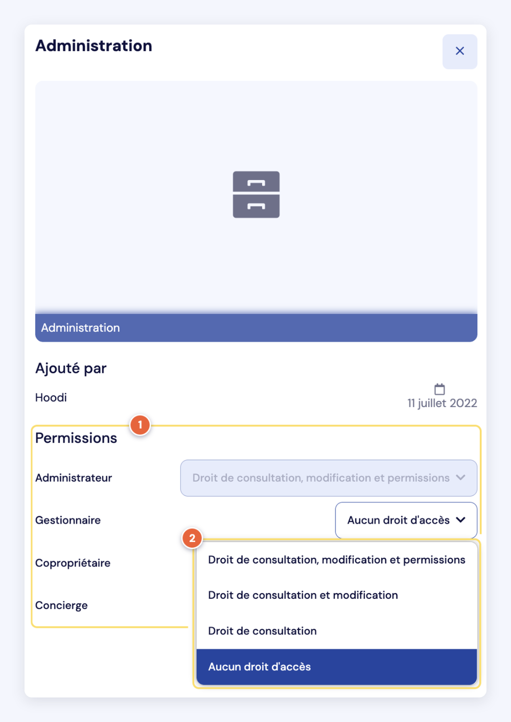Capture du volet Détails d'un classeur : les permissions par rôle (1) et la liste des quatre niveaux d'accès ouverte pour un rôle (2).