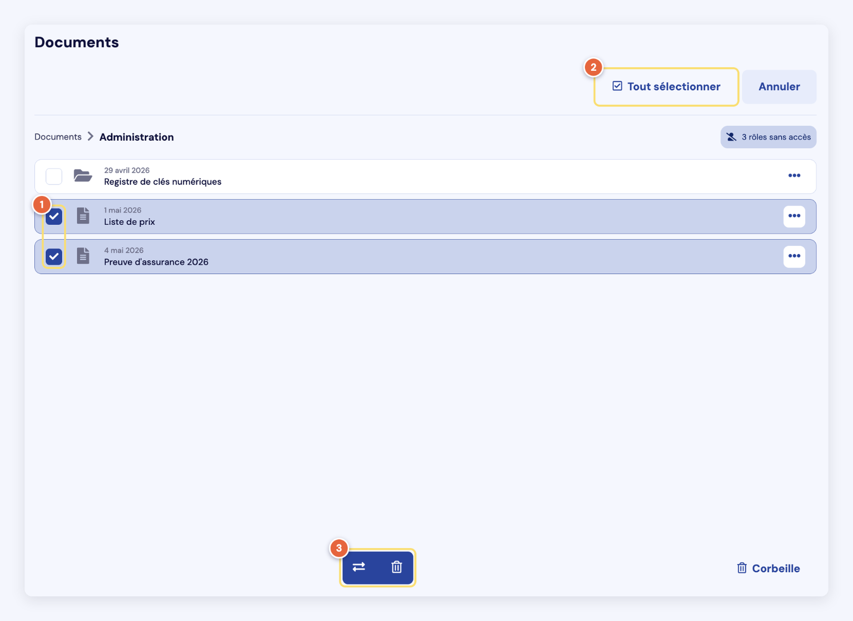 Capture de la vue en liste avec deux documents cochés (1), le bouton Tout sélectionner (2) et la barre d'actions Déplacer et Supprimer (3).