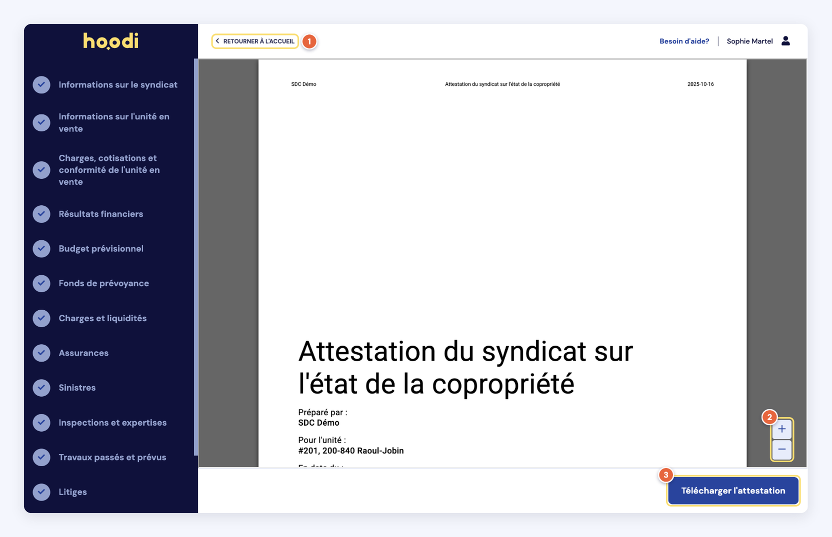 Capture d'une attestation complétée : Retourner à l'accueil (1), les boutons de zoom de l'aperçu (2) et Télécharger l'attestation (3). Adresse fictive.