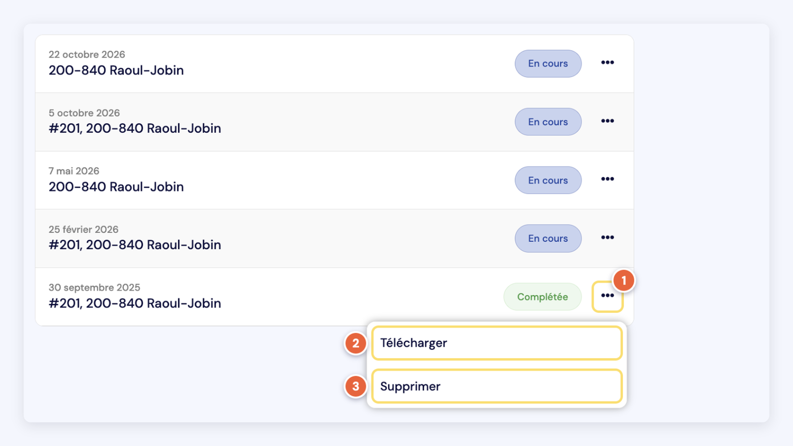 Capture du menu d'une attestation complétée dans la liste : le bouton … (1), Télécharger (2) et Supprimer (3). Adresse fictive.