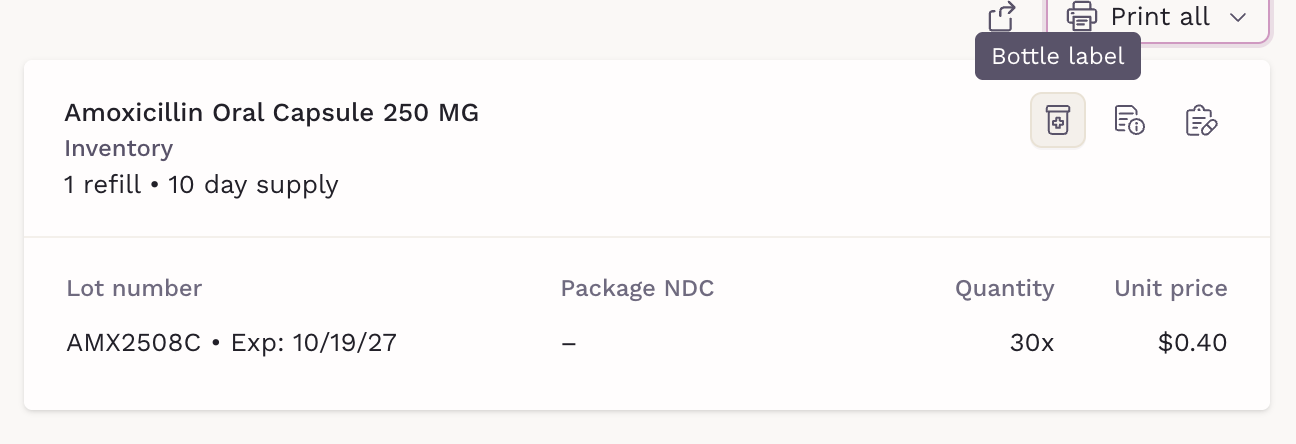 Bottle label icon on a dispensed medication