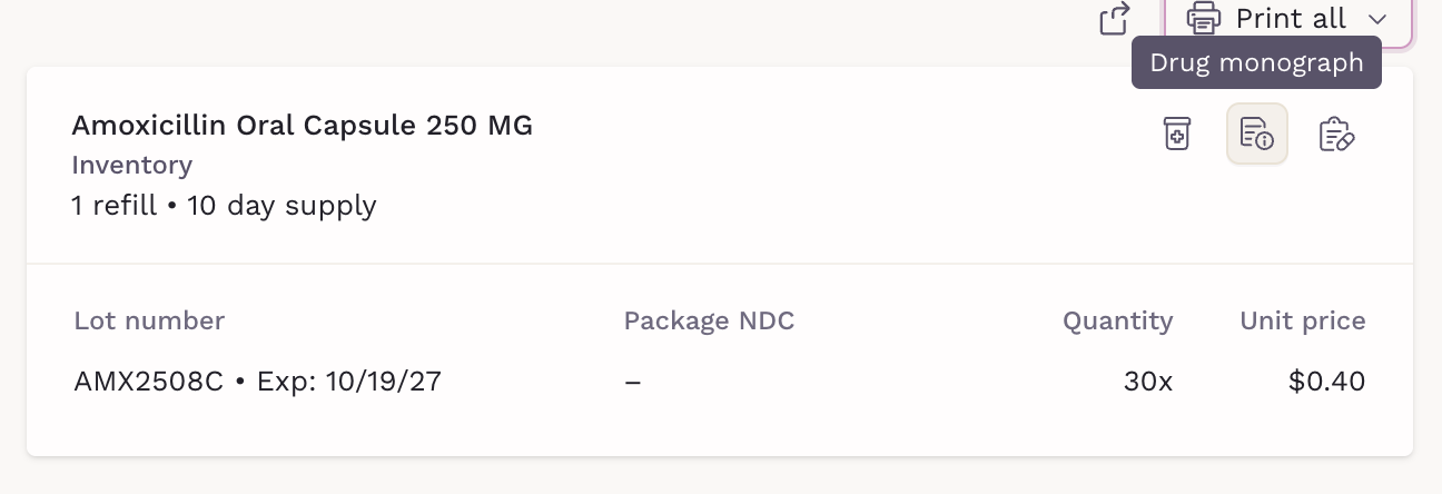 Drug monograph icon on a dispensed medication