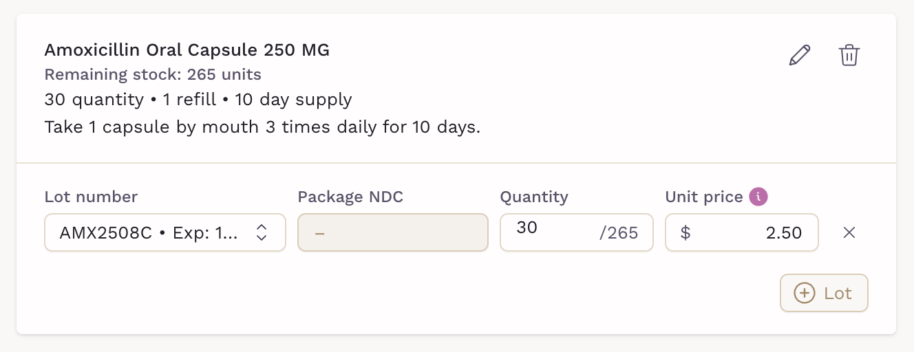 Medication card with lot number, quantity and unit price