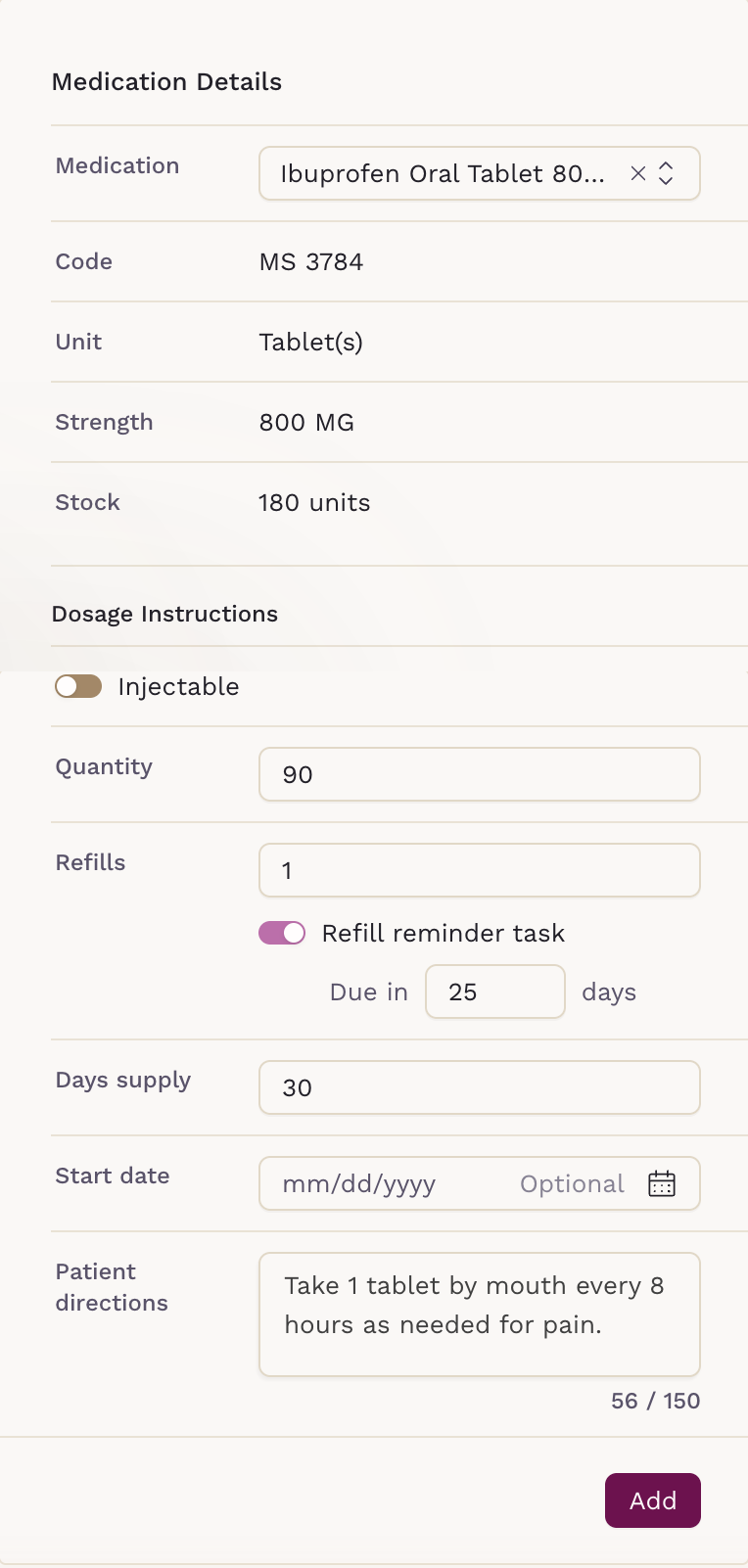 Medication Details form with Refill reminder task turned on