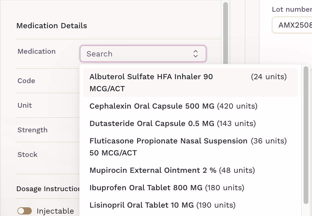 Medication search listing inventory items with remaining stock