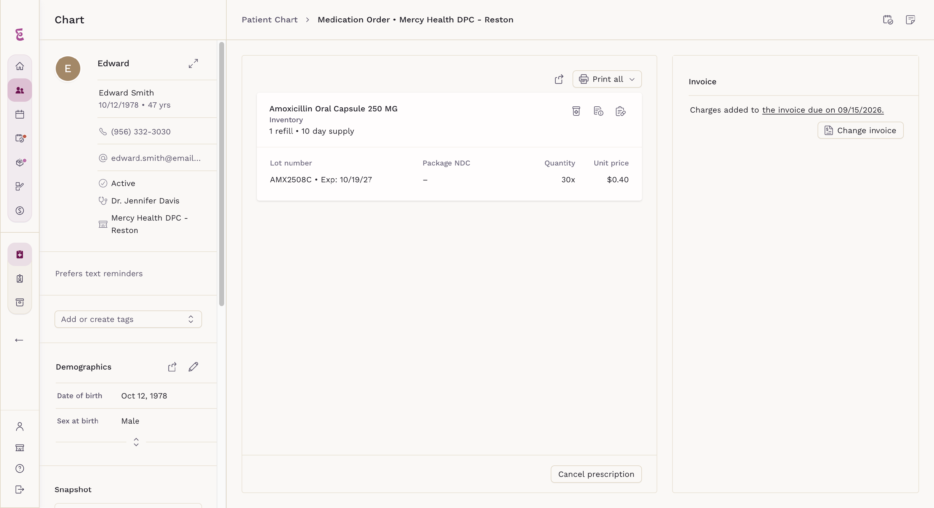 Medication Order screen after dispensing