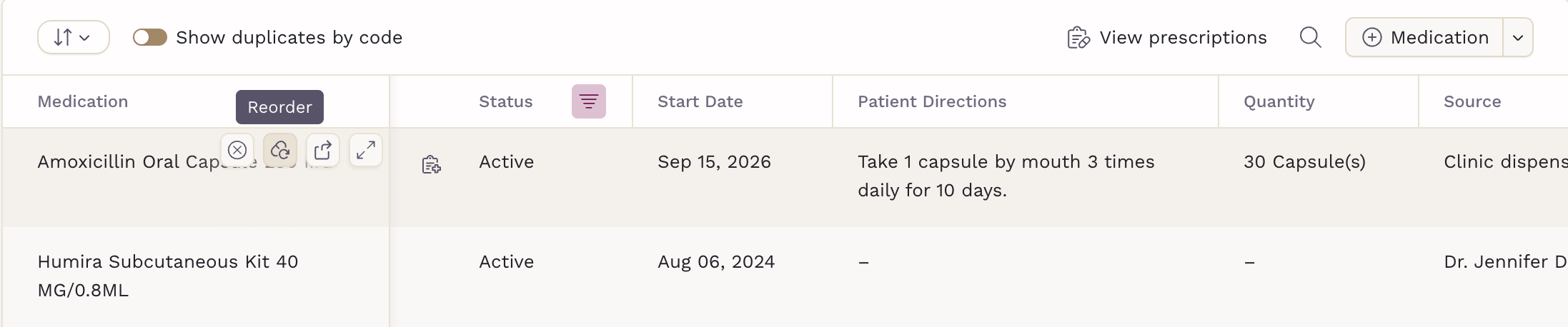 Reorder button on a Clinic dispensed medication in the Medications tab