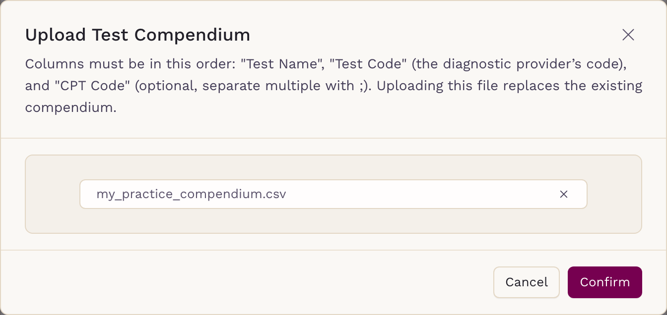 Upload Test Compendium dialog