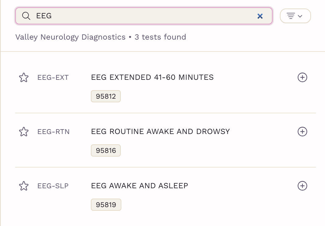Uploaded EEG tests in the imaging order test search
