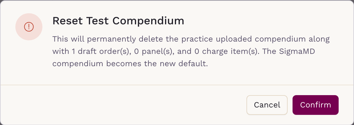 Reset Test Compendium dialog