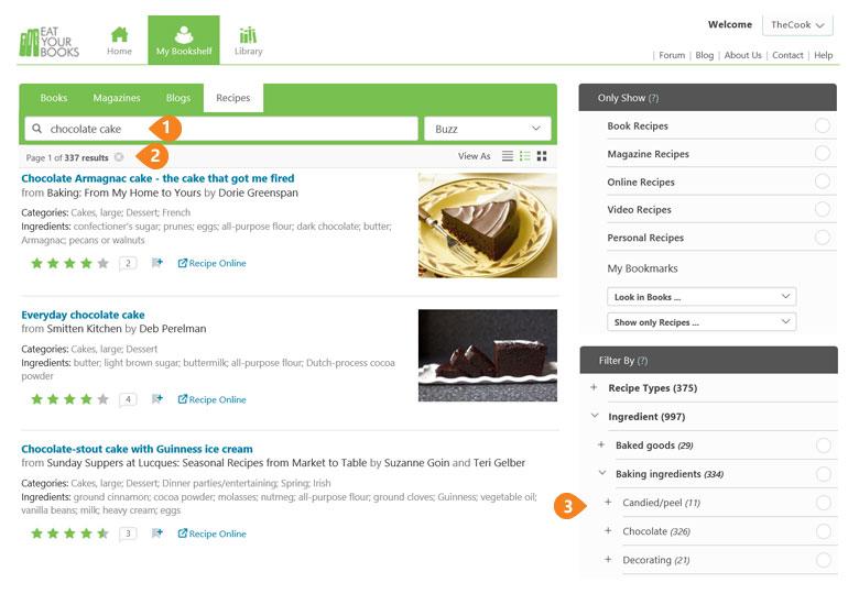 A recipe search across your Bookshelf, with the Filter By column on the right.