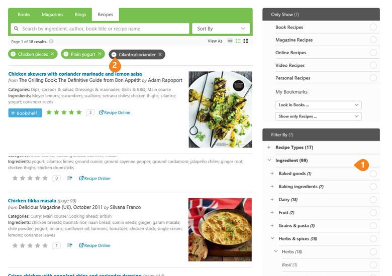 Excluding an ingredient: the black minus takes matching recipes out of your results.