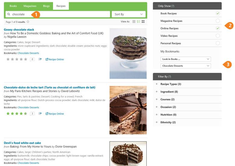 Only Show narrows results by source, and lets you search within a Bookmark.