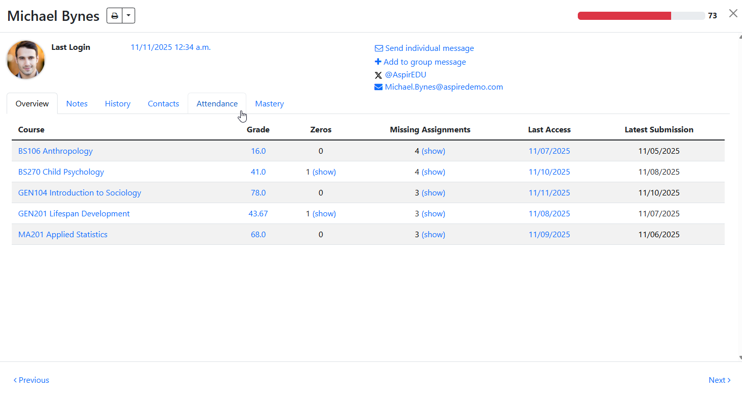 Student profile page within Grade Guardian/Dropout Detective