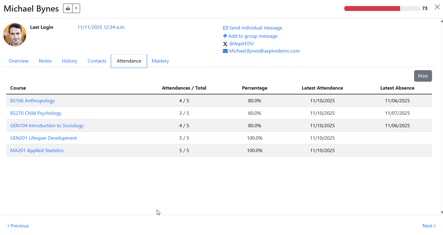 Attendance tab found within a student's Grade Guardian/Dropout Detective profile page.