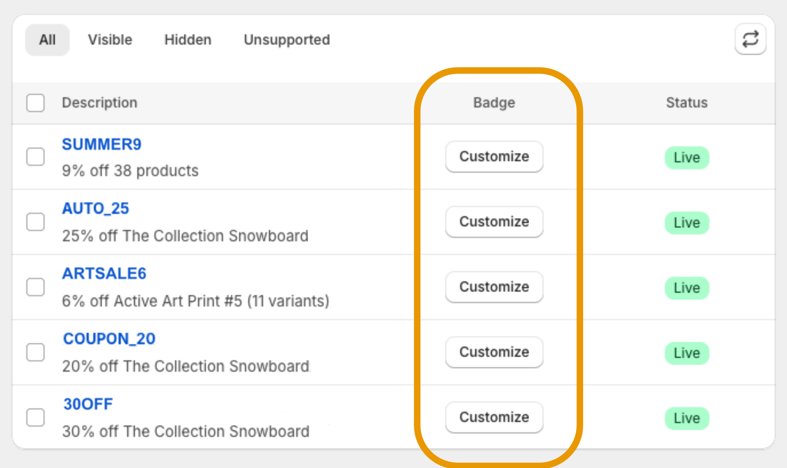 Manage discounts list showing the “Customize” button next to each discount