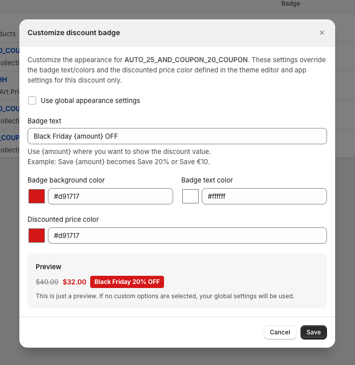 Customize discount badge modal